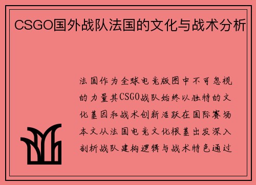 CSGO国外战队法国的文化与战术分析