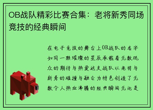 OB战队精彩比赛合集：老将新秀同场竞技的经典瞬间