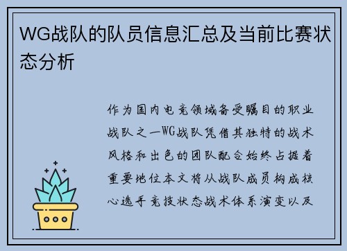 WG战队的队员信息汇总及当前比赛状态分析